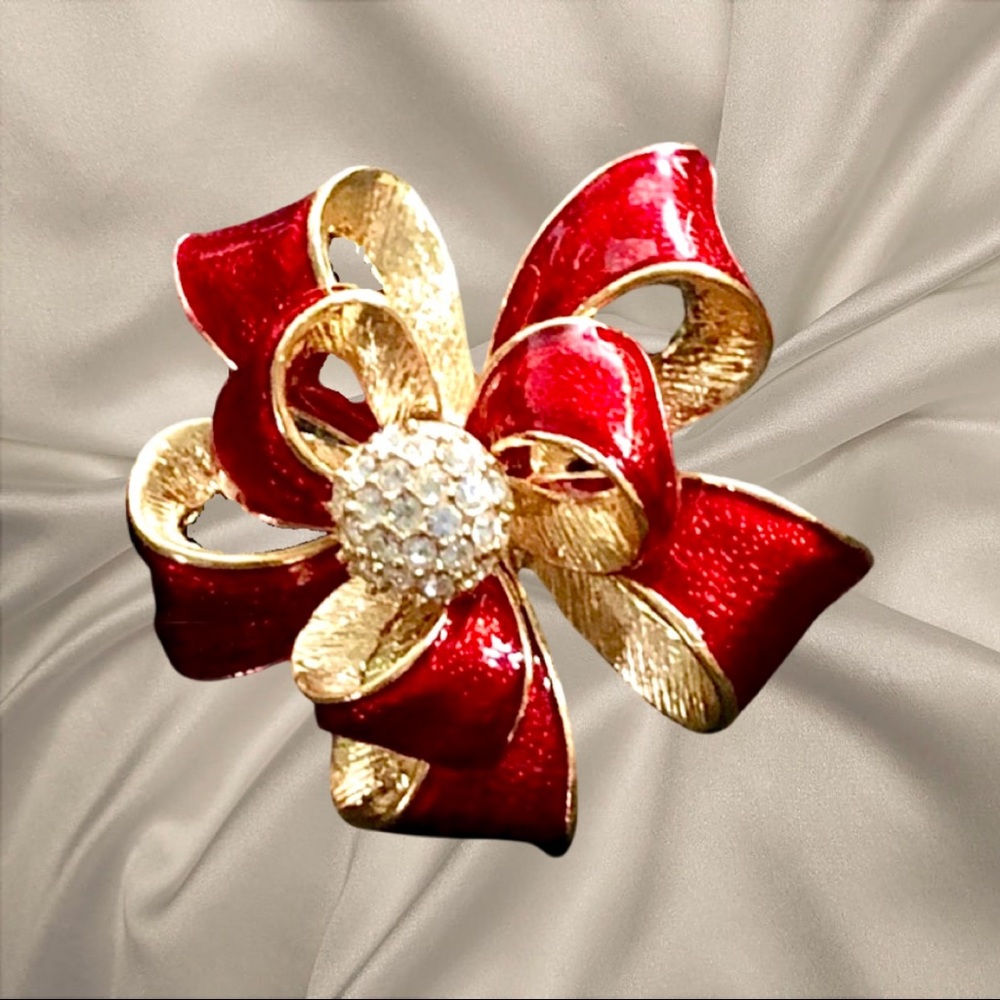 Roman Bright  Red Enamel & Rhinestone Bow Pin 2"